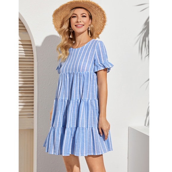 Blue Striped Flared Short Summer Dress - Picture 3 of 7